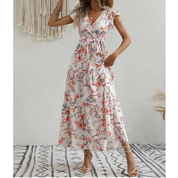 Boho Floral Print Butterfly Sleeve Ruffle Hem Belted Dress - Picture 4 of 8